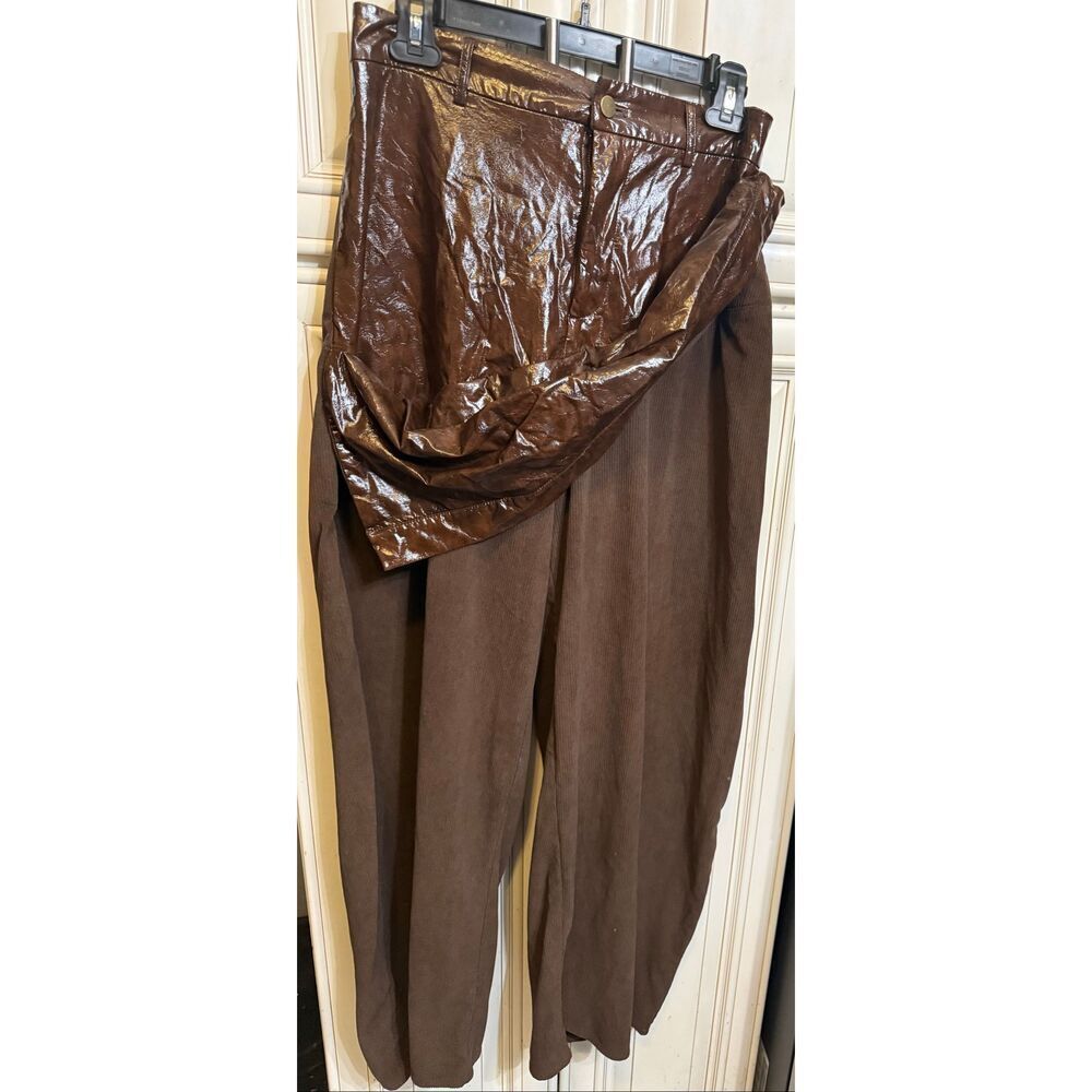 Micas Womens Faux Leather Patchwork Zipper Wide Leg Barrel Trousers Coffee Large